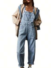 Women's One-Piece Denim Overalls With Pockets, Casual And Comfortable, Suitable For Dates, Shopping, Parties, Travel, Music Festivals - Màu xanh nhạt - Xem 4