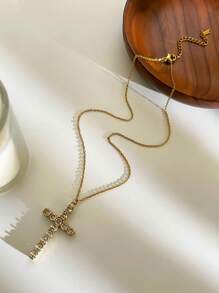 Monlansher Nuova collana con ciondolo a croce in acciaio inossidabile per donna, realizzata a mano con zirconia cubica, design alla moda e versatile per uso quotidiano