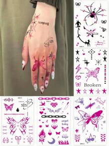 5 Blatt Y2K Tattoos, sexy temporäre Tattoos, Fingertattoos für Frauen, wasserfeste realistische mehrfarbige Tattoo-Aufkleber im Punk-Stil mit rosa Rose, Schmetterling, rotem Herz, Spinne und Schleife für Partys, Dates, Musikfestivals