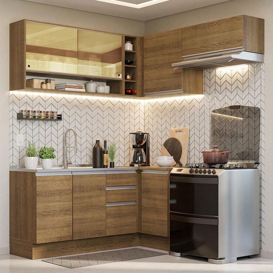 Cocina Integral Esquinera 349cm Glamy Madesa 06 - Marrón - Ver 1