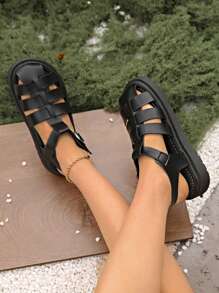 2025 Summer Black Strap Weaved Roman Sandals For Women, Platform Thick Sole Hollow Breathable Beach Slip On Shoes - Black - View 5