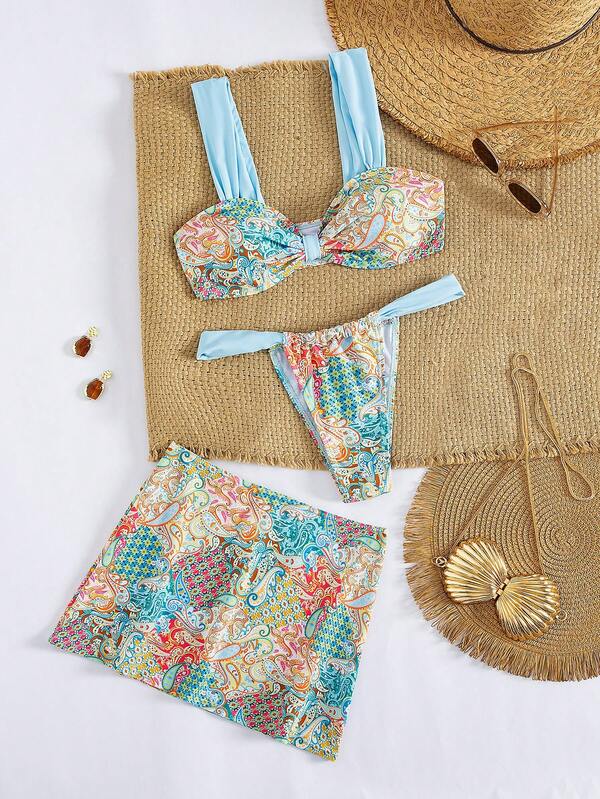 New Soft Fabric Printed Thick Strap Backless Beach Party Bikini Set With Wrap Skirt, Fashionable & Elegant Ladies Swimsuit For Summer Beach