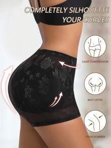 1pc Women Jacquard Butt Lift Shorts High Waist Slimming Panties With Removable Padded Insert, Sexy Body Shaping Shorts