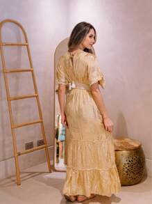 Boho Embroidered Batwing Sleeve Maxi Dress With Back Neckline 02-07 - Beige - View 3
