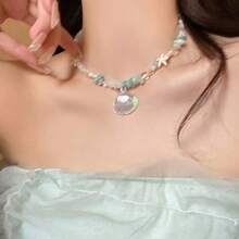 1 pieza Collar con colgante de concha y estrella de mar para mujer, accesorio de moda de playa y vacaciones