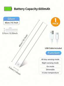 1个LED人体感应橱柜灯，适用于橱柜下方、衣柜等，无线磁吸式USB充电厨房夜灯，电池供电，可用于衣柜、橱柜、楼梯、走廊、搁板等 - 三种灯光颜色可选，尺寸：7.87英寸/11.8英寸/15.7英寸/19.7英寸