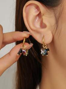 1 对女士不锈钢吊坠耳环，蝴蝶、羽毛、心形、三叶草和珍珠装饰