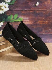 时尚黑色尖头平底一脚蹬女鞋，尺码 35-45，休闲日常穿着，透气，轻便，百搭，春夏秋季 - 黑色 - 查看 5