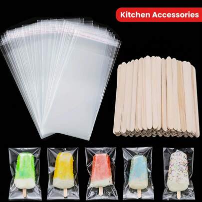 200 件/套，带自粘密封的冰淇淋冰棒包装袋，以及 100 根一次性木棍，透明塑料冰棒袋，用于 DIY 冷冻食品、糖果和饼干储存，烘焙工具厨房配件