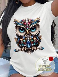 Camiseta casual de cuello redondo con estampado de búho para mujer de talla grande, regalo para amantes de los animales, camiseta de manga corta de verano para talla grande