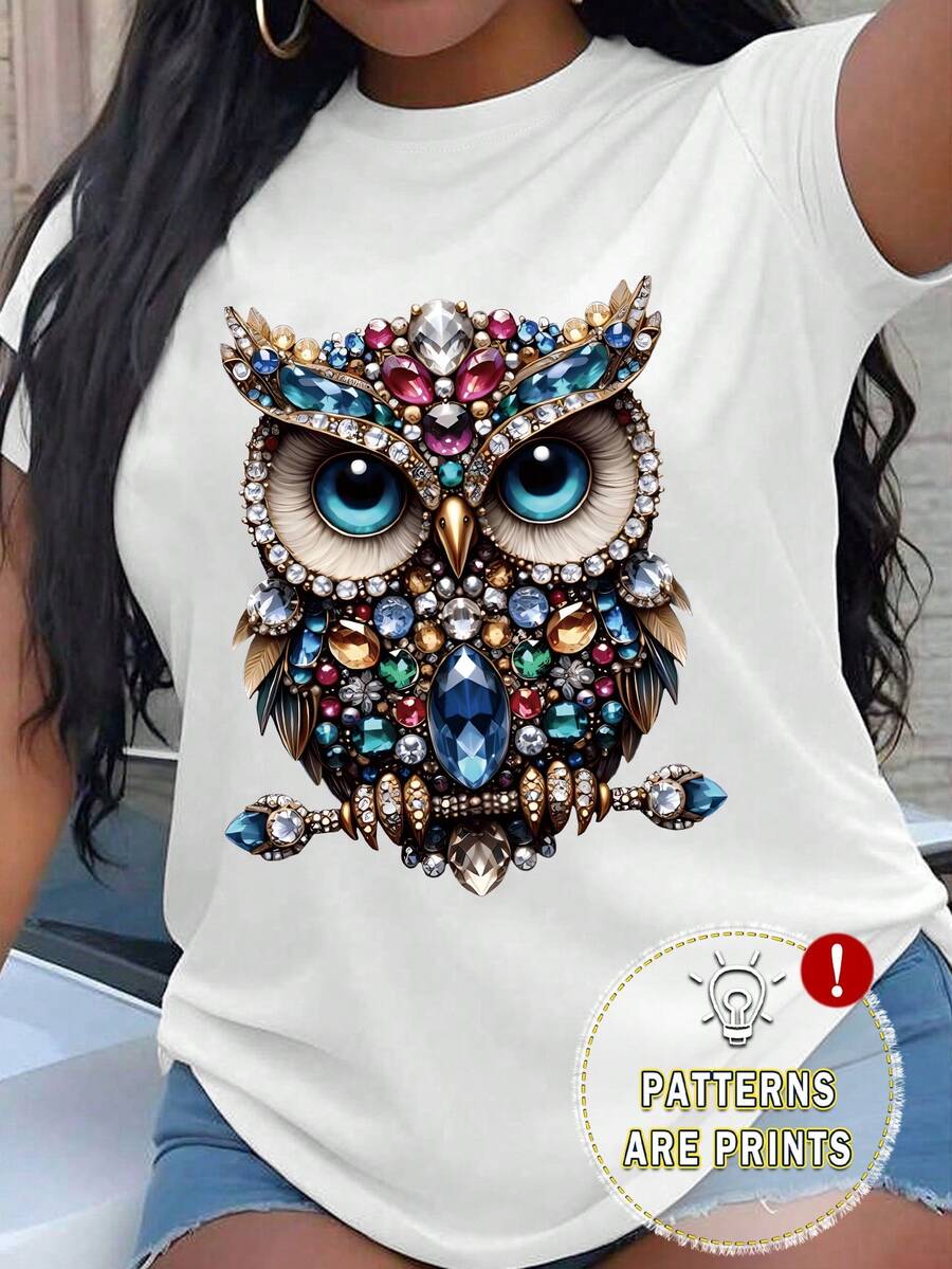 Camiseta casual de cuello redondo con estampado de búho para mujer de talla grande, regalo para amantes de los animales, camiseta de manga corta de verano para talla grande