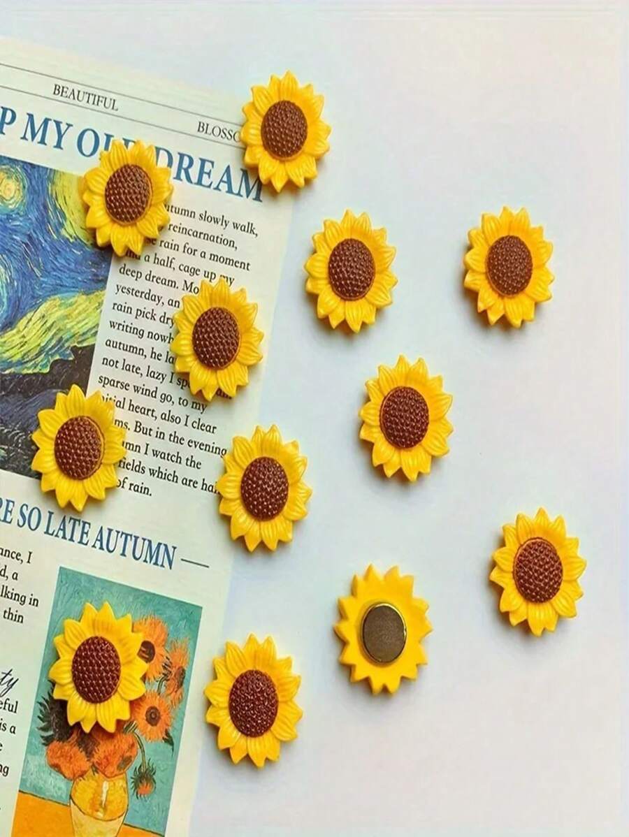 10PCS Oval-Shaped Plastic Sunflower Fridge Magnets For Kitchen & Dining Decor