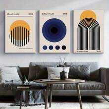3PCS Canvas Wrapping Frame Bauhaus Abstract Wall Art, Geometric Designs With Circles, Arches, And Bold Colors, Premium Canvas Wall Décor, Ideal For Living Room, Office, Or Modern Spaces.
