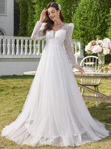 Elasola 公主袖蕾丝刺绣薄纱优雅婚纱晚礼服，白色网纱连衣裙，优雅 - 白色 - 查看 5