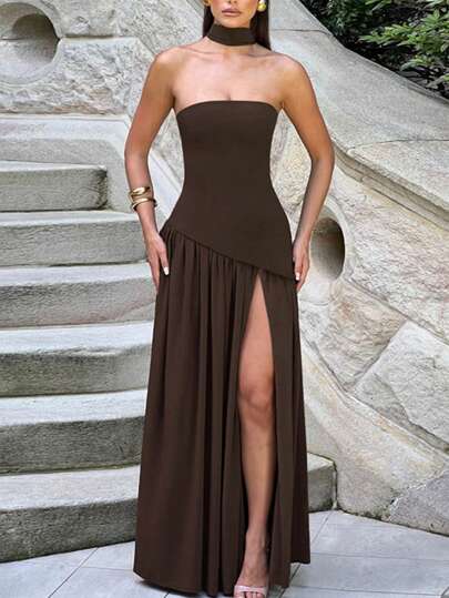 Vestido elegante y sexy de unicolor con abertura, adecuado para fiestas, vacaciones y días festivos, color marrón