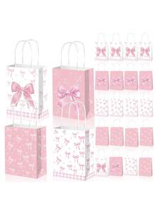 5/10pcs Pink Bow Gift Bags, Paper Bags With Handles For Women, Party, Candy, Birthday, Christmas, Wedding, Engagement,Birthday,Bride,Wedding