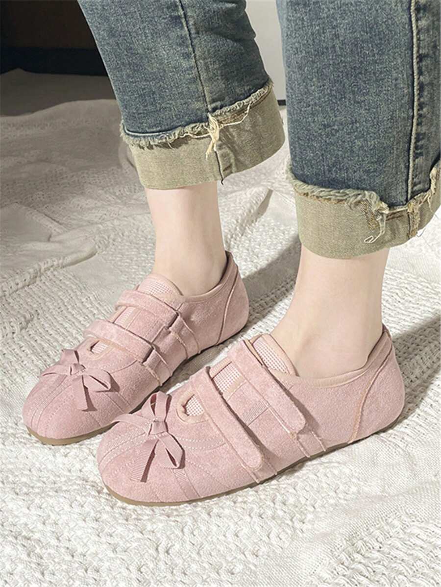 Women Fashion Versatile Round Toe Hook And Loop Bow Decor Matte Casual Soft Bottom Comfortable Slip-On Flat Loafers - Pink - View 1