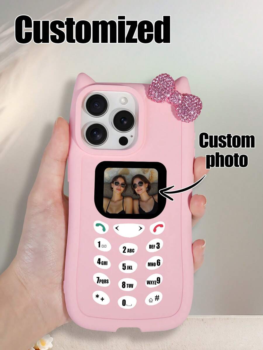 1pc Customized Cell Phone Graphic Case With Cat Ears, Rhinestones & Bow Decor, Compatible With Apple 16 Pro Max/16 Pro/16/15 Pro Max/15 Pro/15, Suitable Gift For Young Girls And Friends,2025phonecase