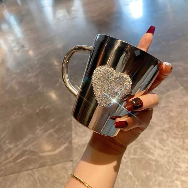 Taza de agua con corazón con diamantes incrustados, taza de café de acero inoxidable 304 altamente atractiva, taza portátil, regalo del Día de la Madre
