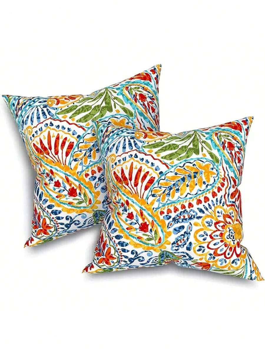 1/2/4pcs, Polyester, Outdoor Throw Pillows With Inners, All Weather Patio Pillows Set Of 2, Square Pillows Decorative For Home Garden Furniture, Paisley Mult, Single-Sided, No Pillow Core - Yellow - View 1