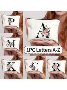 1pc Letter A-Z Flower Print Makeup Bag, Gift For Girls, Cute Retro Simple Fashion Letter Pattern Printed Bag Storage Bag,Cosmetic Pouch For Small Items Storage,Storage Bag, Makeup Storage Bag, Toiletry Bag, Clutch Bag, Lightweight Foldable Storage Bag, Simple Shopping Bag, Teacher Gift Clutch Bag,Storage For Nurses, Doctors, Teachers Bag, Suitable For Personal Travel Cosmetics Storage