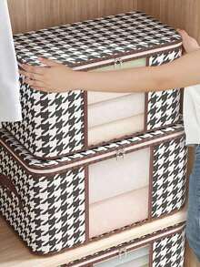 1pc Clothes Storage Bag, Large Capacity Transparent Window, Houndstooth Check Visible Window, Non-Woven Wardrobe Storage Bag, Dustproof And Foldable Storage Bag For Quilt And Clothing, Essential Storage Bag For Home And Dormitory