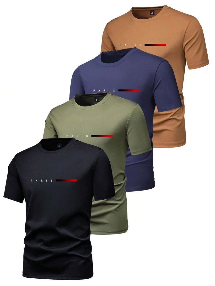 4 Stücke Herren Sommer leicht geschnittenes T-Shirt mit grafischem Buchstaben-Muster, lässiges Outdoor-Shirt zum Laufen, Golf, Angeln, Basketball, Camping, Gym, Schwimmen und Strand, geeignet als Geschenk für Ehemann oder Freund - Verschiedenfarbig - Übersicht 1