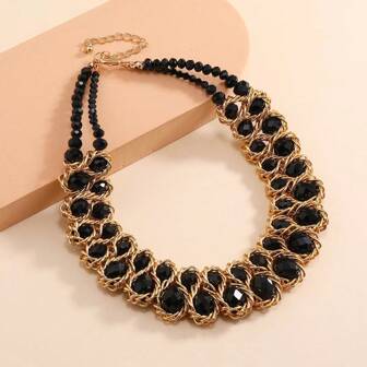1pc Electroplated KC Gold Aluminum Chain With Classic Black Crystal Elegant Bib Necklace For Women, Suitable For Party, Holiday, Outfitting, Versatile Gift