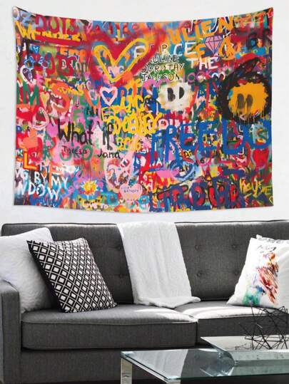 1 件彩色涂鸦挂毯，城市街头艺术壁挂，嘻哈抽象垃圾摇滚风格，鲜艳的涤纶面料，卧室、客厅、大学宿舍的酷炫美学装饰