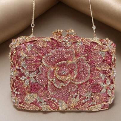 Women's Elegant Rose Flower Square Clutch Floral Wedding Dinner Dance Handbag