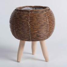 1PC Vintage Imitation Rattan Woven Flower Shelf Planters Handmade Storage Basket With Removable Wooden Legs Plant Pot Stand Holder