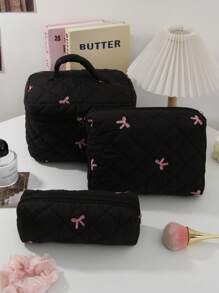 1Pc/Set Pink Bow Embroidered Quilted Makeup Bag Sets, Cute Macaron Color Large Capacity Cosmetic Bag, Lightweight Fluffy Filling Toiletries Bag For Travel Storage,Daily Use. For School Cosmetic Bag Back To School Supplies Cosmetic Storage School Stuff Bag Organizer Room Stuff Travel Essentials Make Up Bag Holiday Essentials Dorm Essentials Daily Commute Essentials Makeup Bags Makeup Pouch Makeup Organizer Cosmetic Bag Holiday Winter