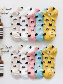 10 Pairs Women Korean Cartoon Cat Head Design Cute Soft Comfortable Versatile Ankle Socks