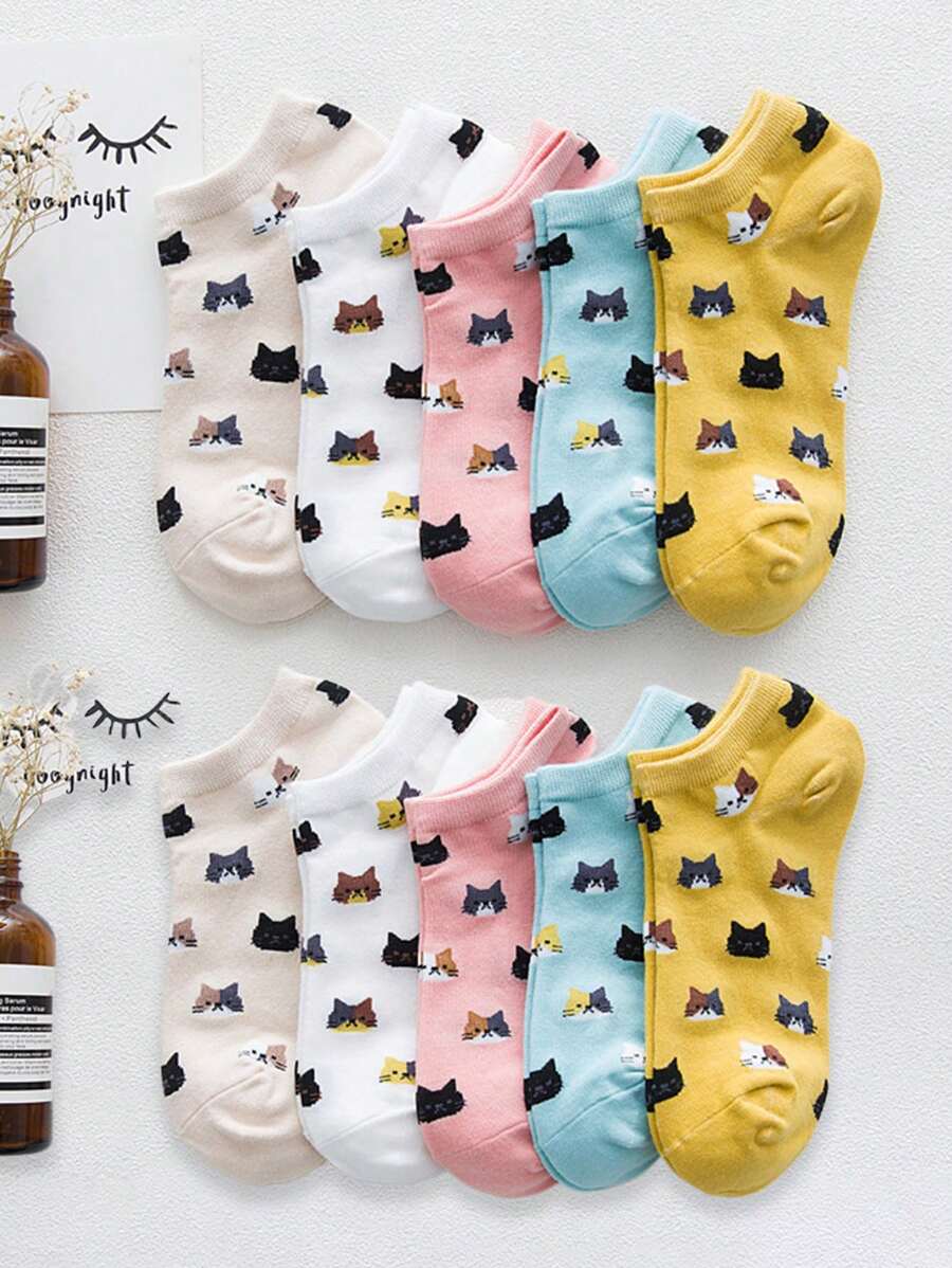 10 Pairs Women Korean Cartoon Cat Head Design Cute Soft Comfortable Versatile Ankle Socks