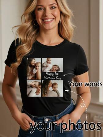 Customized Women T-Shirt - Add Your Own Text And Images, Simple Spring/Summer Apparel, Customize (Family Photo/Selfie/Pet Photo/Friend Photo/Party Photo) Custom Text/Blessing/Name, Fashionable, Chic, Minimalist, Casual, Unique