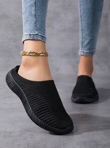 女士黑色透气针织休闲平底一脚蹬乐福鞋，轻便舒适 - 黑色 - 查看 3