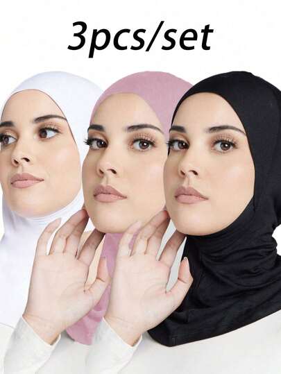 3pcs Women Fashion Solid Color Combo Set, Elastic Underscarf, Convenient Chin Cover Hijab Scarf, Headscarves, Suitable For Everyday Abaya