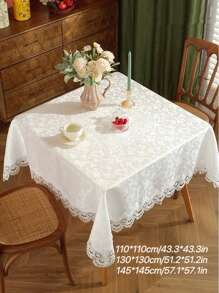 1 Pc White Embroidered Lace Trim Jacquard Tablecloth, Elegant Romantic Polyester Rectangle/Square Dust & Heat Resistant Table Cover, Suitable For Dining Table, Coffee Table, Nightstand, Wedding & Party Decoration - White - View 10