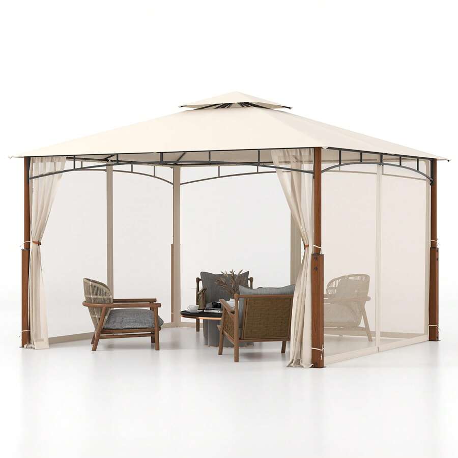 12' X 10' Outdoor Patio Gazebo W/ Netting 2-Tier Canopy Roof Metal Frame - Beige and Natural - View 1