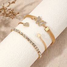 3pcs/Set Luxury Minimalist Rhinestone Butterfly & Heart Layered Bracelet Set, High-End Women Accessories - Multicolor - View 4