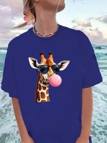 Giraffe Blowing Pink Bubblegum Pure Cotton Women's Fashion T-Shirt