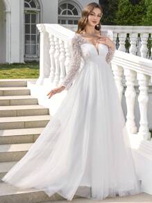 Elasola 公主袖蕾丝刺绣薄纱优雅婚纱晚礼服，白色网纱连衣裙，优雅 - 白色 - 查看 6