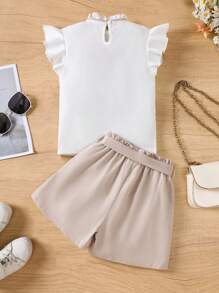 3pcs/Set Tween Girls Pink "Smile" Print Hooded Jacket + White Camisole + Matching Shorts, Casual Fashionable Travel Outfit - Khaki - View 2