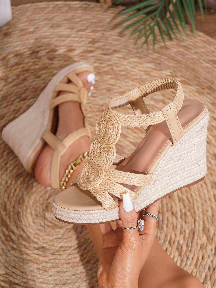 Women's Woven Wedge Sandals, Simple Elastic Band High Heel Shoes, Vacation Style Thick Bottom Sandals - Yellow - View 1