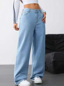 Women's Wide Leg Jeans, High Waist, Various Colors - 淺色水洗藍 - 查看 1