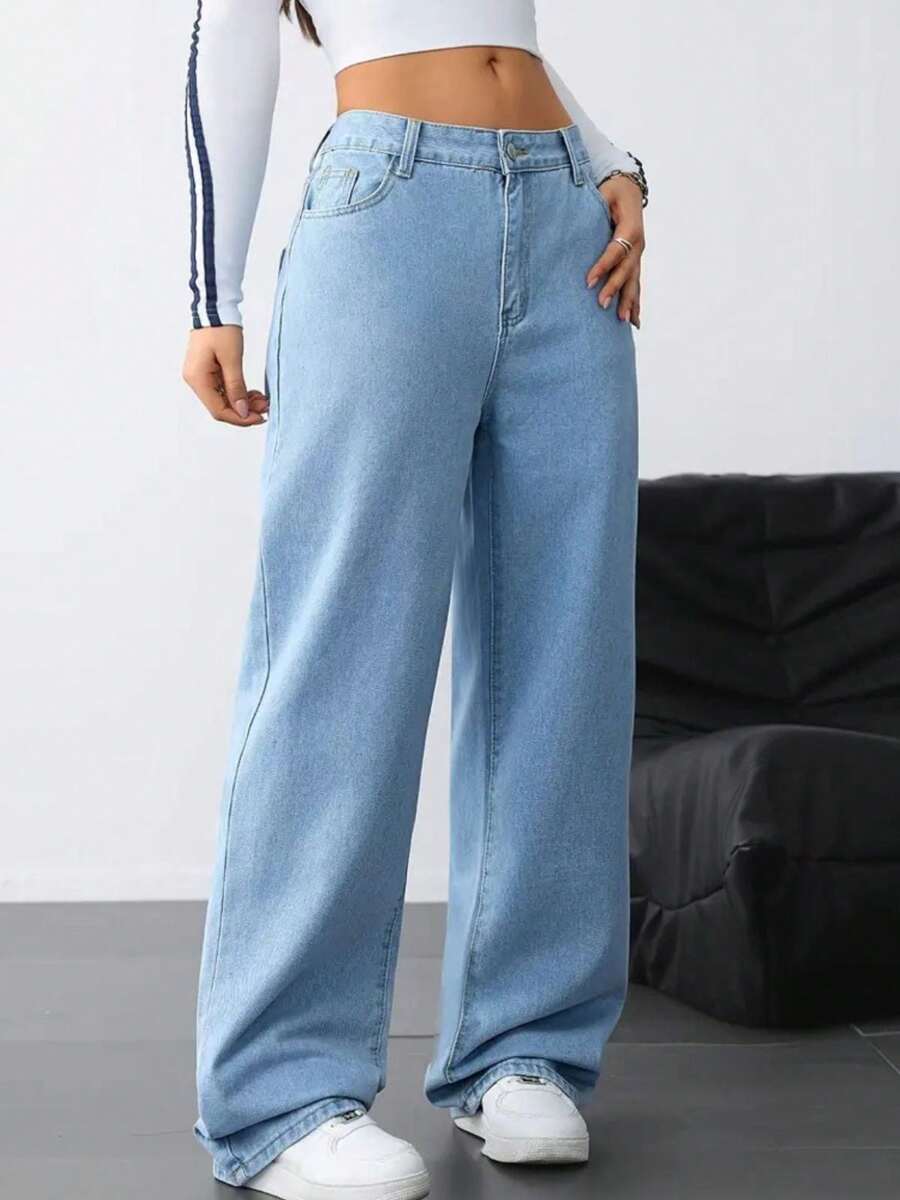 Women's Wide Leg Jeans, High Waist, Various Colors - 淺色水洗藍 - 查看 1