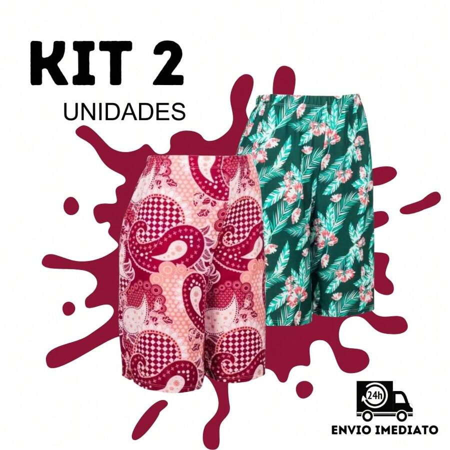 Bermudas de Senhora microfibra Poliéster confortável kit 02 fresquinho casual de malha estampada - Multicolorido - Visão 1