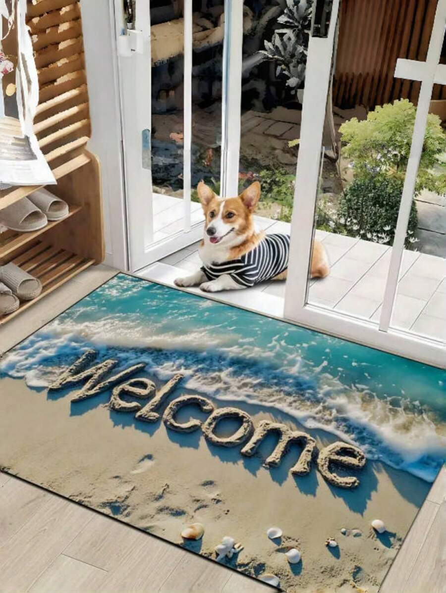 1 pieza Felpudo de bienvenida, alfombra de fibra de poliéster con estampado de patrones de playa, antideslizante, resistente al desgaste y fácil de limpiar, adecuado para sala de estar, cocina, baño, comedor, entrada, decoración del hogar, decoración navideña - Multicolor - Ver 1