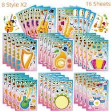 8/16/24/32 piezas Pegatinas de cara para niños, 8 patrones diferentes de instrumentos musicales de dibujos animados, pegatinas con diseño de hipopótamo, adecuadas para regalos de fiesta de cumpleaños infantil y actividades artesanales - Multicolor - Ver 13