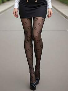 1pc Women Air Heart Printed Super Thin Seamless Tights, Sexy Leg Shaping, Anti-Snag, Cozy - Black - View 3